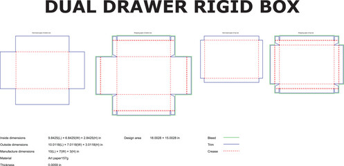 Detailed technical layout of a dual drawer rigid box packaging design showcasing various dimensions and cut lines for manufacturing.