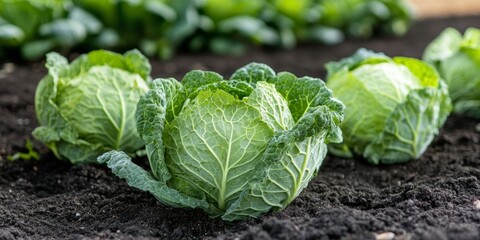 Fresh Organic Savoy Cabbages Growing in Fertile Soil on a Sunny Farm, Ready for Harvest