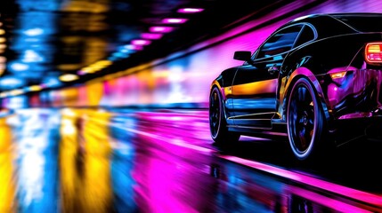 Fototapeta premium Fast Black Sports Car Speeding Through Neon Lit Tunnel Night Drive