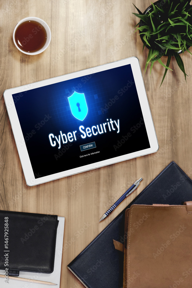 Poster cyber security system on computer screen protect private information snugly from hacker and cyber at