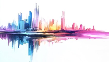 Abstract cityscape skyline with vibrant colors reflected on water