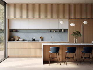 Mid century modern style inspired kitchen with wall panelling. Kitchen with wood panels. Natural wood inspired interior. 