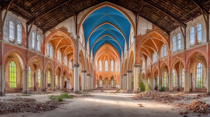 Fototapeta premium Interior of a dilapidated brick church with vaulted blue ceiling and ruined walls