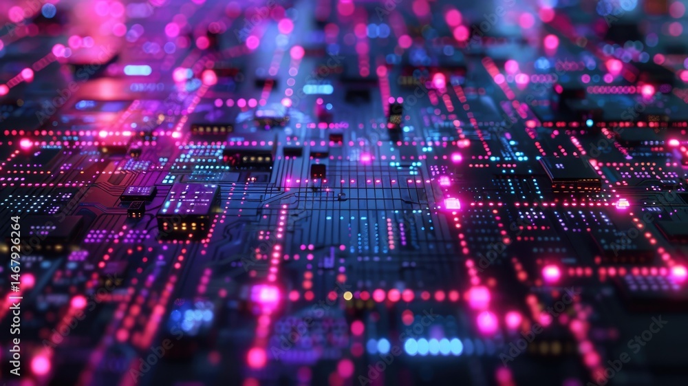 Poster a vibrant abstract technology background featuring colorful lights and intricate circuit patterns. t