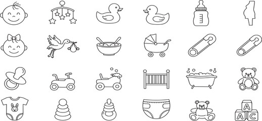 Baby care editable stroke outline icons set isolated on white background flat vector illustration.