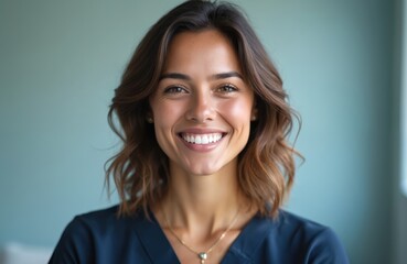 Fototapeta premium Portrait smiling female dentist indoors. Confident pro with healthy bright teeth. Attractive woman with natural makeup, brown wavy hair. Friendly dental care office. Oral hygiene, healthcare