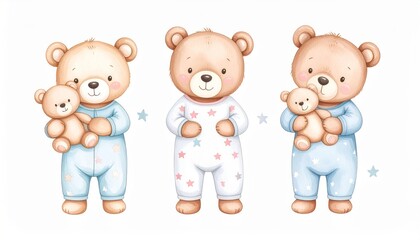 Naklejka premium Adorable Teddy Bears in Pajamas - Three cute teddy bears in pajamas, two holding smaller teddy bears. Perfect for baby products, nursery decor, or children's books