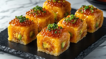 Gourmet sushi cubes layered with fish avocado and caviar topped with fresh herbs Culinary delight!