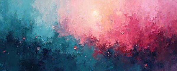 Fototapeta premium Abstract oil painting with glowing pink teal textures. Vibrant colors create dreamy ethereal composition. Artwork with intricate, thick paint texture. Modern art for decoration.