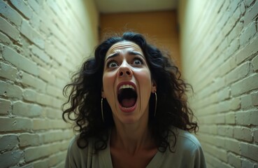Woman screams in narrow brick hallway. Expression intense fear panic, dramatic emotion. Fearful face with open mouth. Terrified woman screaming, expressing strong stress and anxiety.