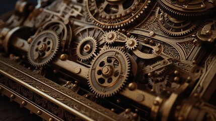 Intricate gears and mechanisms, detailed close-up view of brass clockwork
