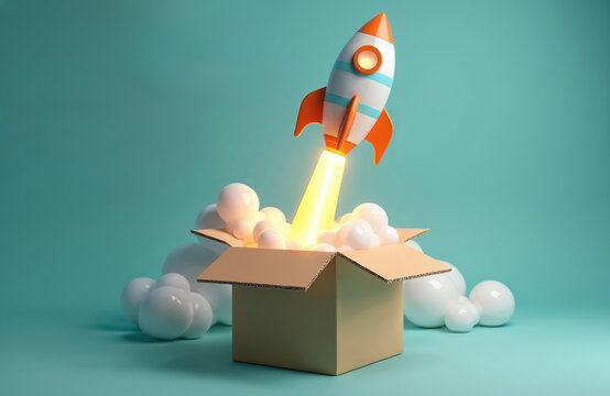 Cartoon rocket launching from cardboard box on blue background. Creative concept of new business, startup, idea or delivery. Package or mail transportation, fast service, modern technology.