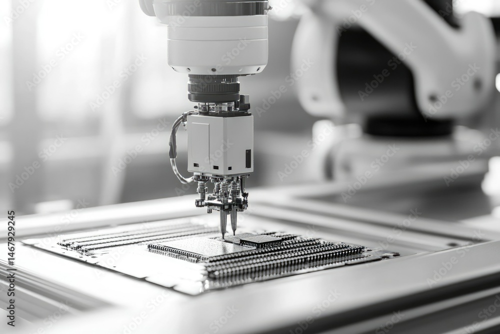 Aufkleber automated robotic arm precisely placing a microchip onto a circuit board during advanced manufacturi