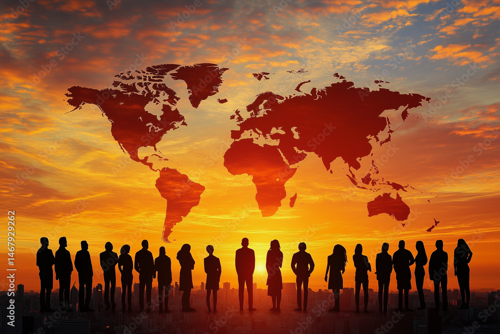 Poster group of people are standing in front of a world map with a sunset in the background. concept of uni