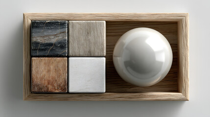 Minimalist Wooden Tray with Marble and Wood Blocks and Sphere