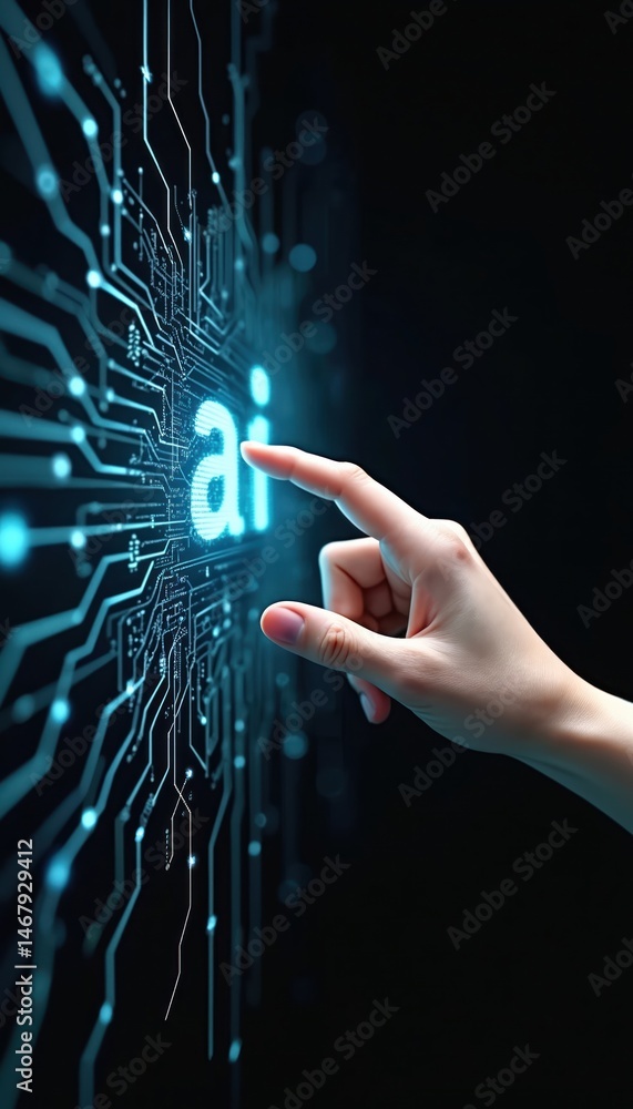 Poster Hand touches AI text on digital circuit board. Generative AI tech with data processing, deep learning, neural network in cyberspace, future innovation tech. Cyber human connection concept.