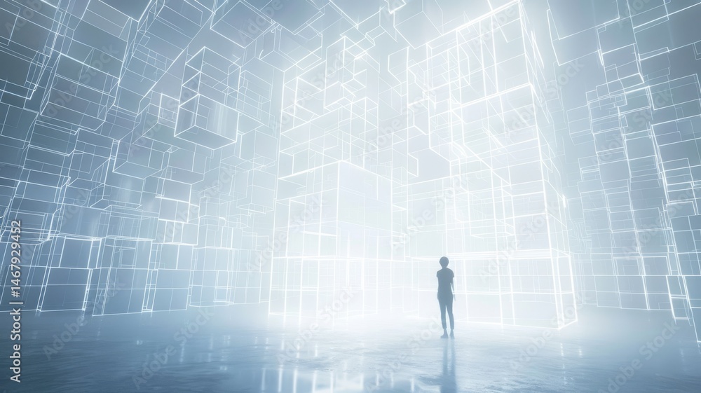 Poster a human figure interacts with glowing data cubes in a surreal digital space, representing the fusion