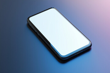black phone with a white screen sits on a blue surface. The phone is sleek and modern, with a clean design that emphasizes the contrast between the black and white colors