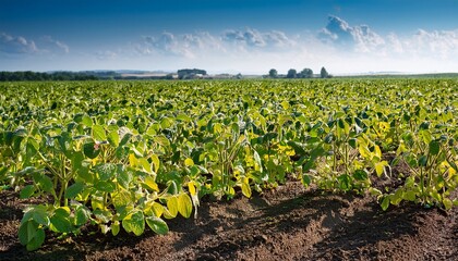 soy bean plants covered in pesticide residue at midday soy beans crops field