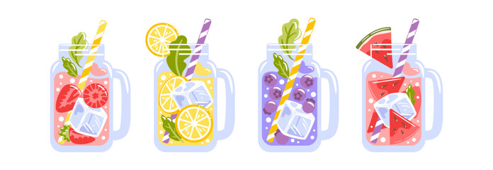 A vector illustration showcasing four colorful jars filled with refreshing drinks. Each jar is topped with a delightful mix of fruits and garnishes, ideal for summer refreshment.