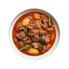 Beef stew in a bowl, top view. The stew is rich in vegetables and meat