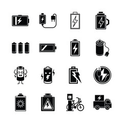 Battery and Power Icons Set &ndash; Energy, Charging, and Electricity Symbols