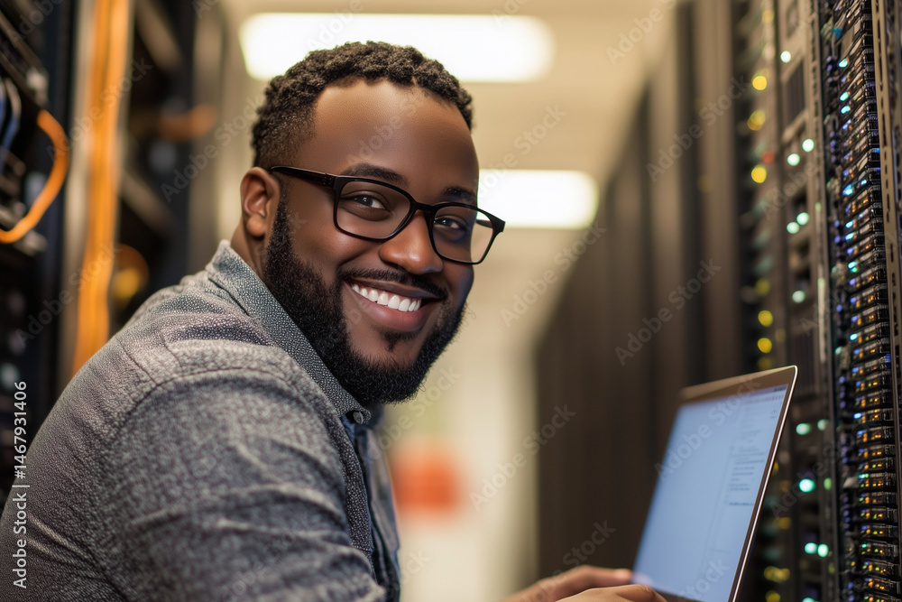 Poster man with glasses is smiling and using a laptop. concept of happiness and productivity