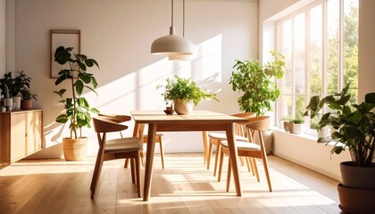 Sunlit Modern Dining Room with Wooden Table and Plants - Modern minimalist dining room, sunlit, wooden table, potted plants, peaceful ambiance. Symbolizing serenity, natural light, minimalist design