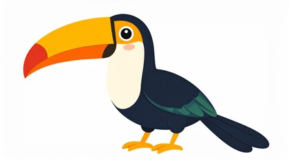 Vibrant Cartoon Toucan Illustration - Cheerful toucan, large beak, tropical bird, bright colors, playful expression. Symbolizes joy, vibrancy, freedom, exotic nature, and summer