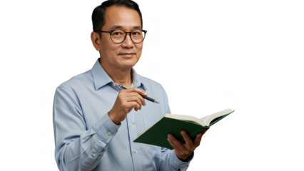 Man holding a book with transparent background