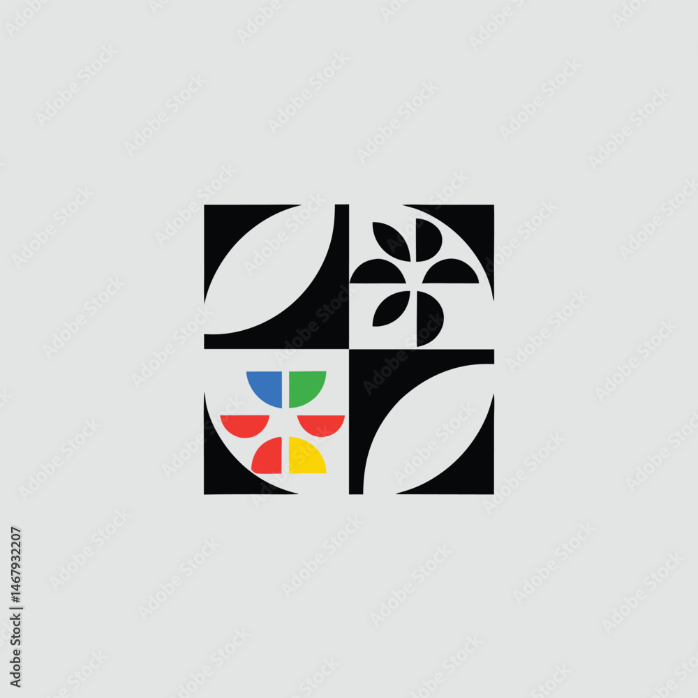 Poster abstract geometric composition with colorful shapes and black forms in a square