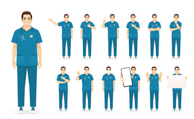 Male nurse doctor character standing in different poses. Isolated vector illustration set