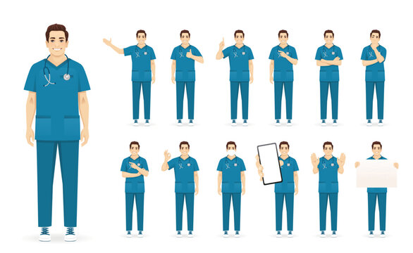 Male nurse doctor character standing in different poses. Isolated vector illustration set - Powered by Adobe
