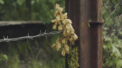 Dried Flowers on Rusty Fence with Barbed Wire