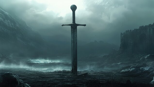 A lone sword, planted firmly in a misty landscape, hints at a lost kingdom