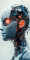 Fototapeta premium Robotic Being Head Profile with Visible Complex Inner Workings, Futuristic Technology, Artificial Intellect, Glow