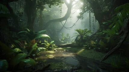 Lush, sunlit jungle pathway