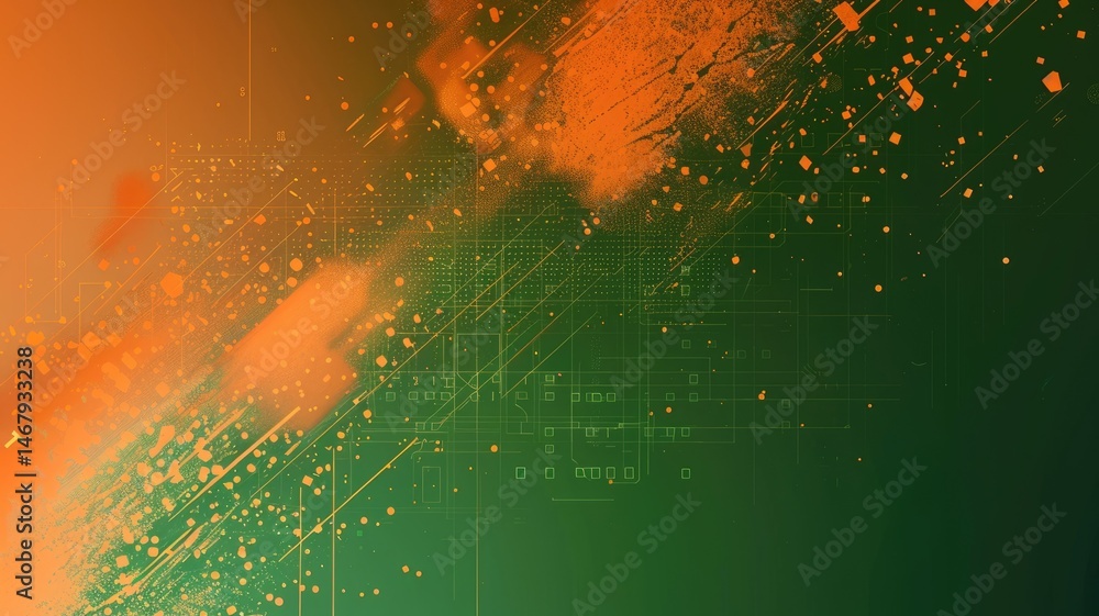 Poster abstract green orange particle in geometric shape represent data flow. vivid flowing object with hig