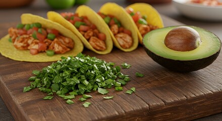 Close up of tacos with chicken and vegetables next to avocado and cilantro on wood board