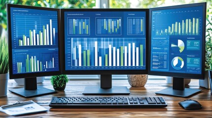 Financial data analysis on multiple screens displaying charts for strategic decision making investment insights stock market trend