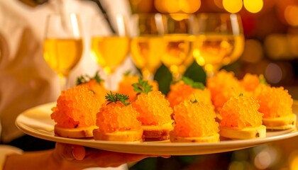 Delicious Salmon Roe Canap s Served on a Plate with Wine Glasses in Background