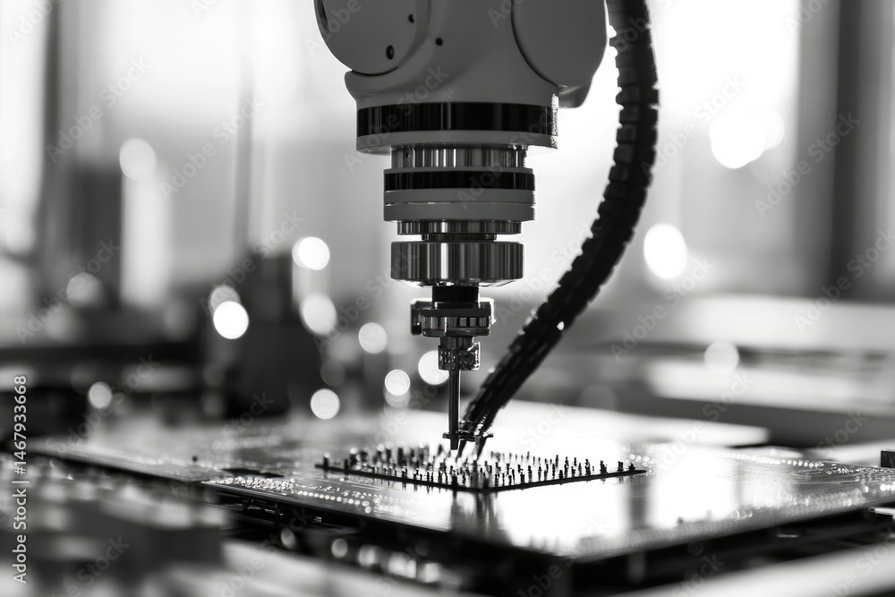Poster automated robotic arm precisely assembling electronic components on a circuit board.
