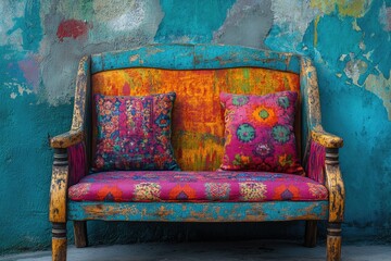 A vibrantly painted bench with decorative pillows sits indoors against a wall