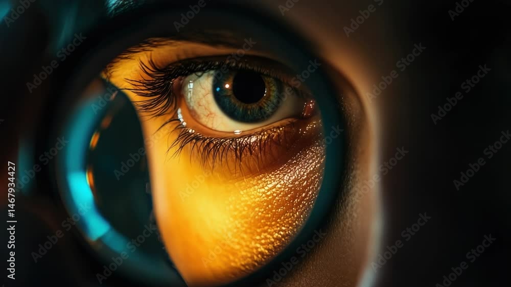 Poster a close-up view of an eye through a magnifying glass, ideal for science and education uses