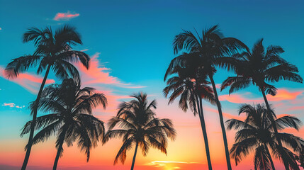 View of silhouette palm trees against blue sky during sunset