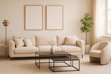 Frame mockup, ISO A paper size. Living room wall poster mockup. Interior mockup with house background. Modern interior design. 3D render 