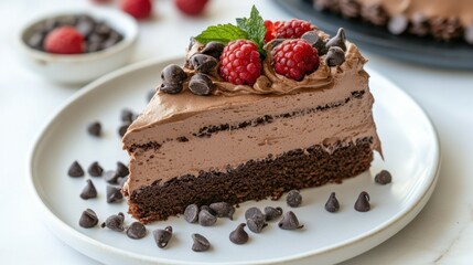 A slice of mocha mousse cake topped with chocolate frosting, berries, and chocolate chips on a white plate