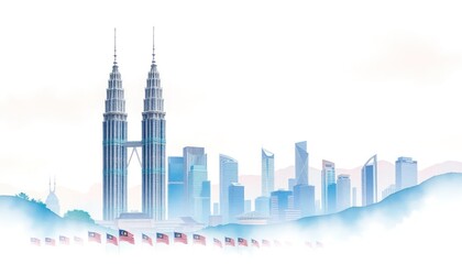 Elegant blue watercolor city skyline of Kuala Lumpur with Malaysia flags