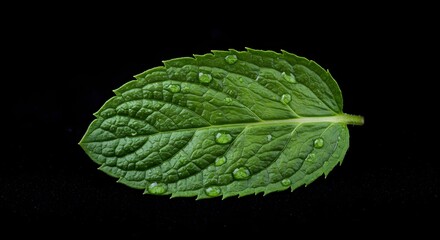 A single green leaf with water droplets on a black background close up studio shot