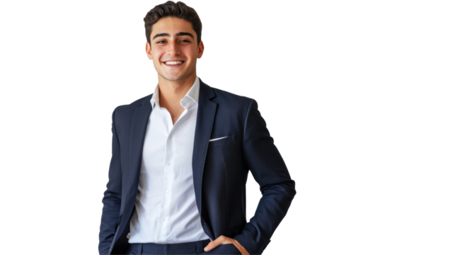 A smiling man in a suit and white shirt poses against a black background portrait - Powered by Adobe